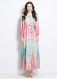 Fongt Holiday Style Dress 2025 New One-Word Shoulder Strap With Waist Lantern Sleeve Print Chiffon Long Dress Woman