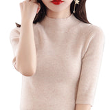 Fongt Summer Slim Head Five Minute Sleeve Bottom Top New Half High Collar Solid Color Simple Medium Sleeve Sweater Women-Outfit