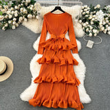Fongt Banquet Dress High-End Light Luxury Niche Leaf-Side Cake Dress Heavy Industry Folds Long Dress