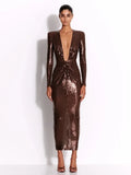 Brown Sequin Deep V-Neck Long Sleeve Evening Midi Dress-Outfit