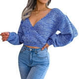 Fongt Wind Real Autumn And Winter Color Cross V Neck Lantern Sleeve Open Umbilly Sweater Women's Clothing