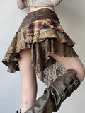 Fongt Cloth Forgets The Stray Girl Wasteland Wind Wearing A Check-And-Dress Splicing Skirt Retro V-Shaped Waist Lace Skirt