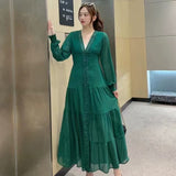 Fongt Retro Court Style Lace V-Neck High-End Dress With Thin Single-Drace Buckle Dress