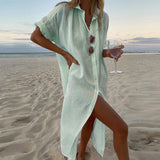 Fongt 874 Spot Women's Ins Wind Solid Color Casual Long Sleeve Long Cotton Linen Shirt Dress-Outfit