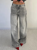 Fongt Low-Rise Old Denim Trousers Street Retro Washing Wide Legs Jeans Female Sense