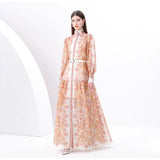 Fongt Early Spring Holiday Wind Collar Lantern Sleeve Print Single Buckle Waist Dress Female Pressure Fold Elegant Long Dress