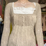 Women's Spring 2023 New Vintage Low-Cut Square Collar Twist Khaki Woolen Top-Outfit