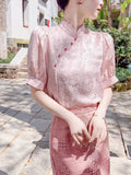 Chinese Style Short-Sleeved Blouse Women's Spring And Summer 2024 New Chinese Style Jacquard Vertical Collar Shirt Lining Trend-Outfit