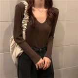 Style Autumn Sweater Women V Neck Long Sleeve Knitted Ribbed Bottoming Sweaters Pullover