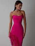 2023 New Summer Women'S Strapless Feather Design Sexy Tight Split Bandage Dress Elegant Celebrity Party Dress