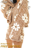 Women’s 2 Piece Fall Outfits, Long Sleeve Off Shoulder Floral Knit Tops + High Waist Zip Up Shorts Sets Spring