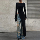 Black Asymmetrical Long Sleeve High Slit Top-Outfit