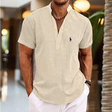 Fongt New Men's Plus Size Solid Color Henry Collar Short Sleeve Shirt Cover Shape Simple Shirt-Outfit