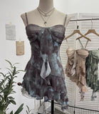 Real Shooting 2025 Spring And Summer New With Chest Cushions Dyed Mesh Sling Sling Vest Irregular Lotus Leaf Side Top