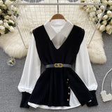 Fongt New Light Ripe Wind Outside Wear Loose Lapel Splicing White Shirt V Collar Diagonal Buckle Knit Vest Two Sets-Outfit
