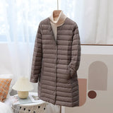 Light Down Jacket Female Medium Long Round Collar Fashion Coat With V-Neck Warm Large Size Inner Bladder Coat Tide-Outfit