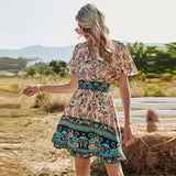 V Neck High Waist Short Sleeve Print