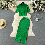Fongt Hot Girl Suit Female Summer Korean Version Round Collar Knit Short Sleeve Short Jacket High Purse Hip Skirt Two Sets-Outfit