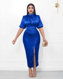 High Neck Tight Skirt Elegant Elegant High Split Pleated Dress Women's Casual Solid Color Evening Dress-Outfit