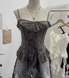 Dark Wasteland To Make Old Hole Slings Vest Irregular Lotus Side Ribbon Short Sleeveless Top