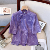 Button-Down Blouse Women 2023 Summer Style Retro Silk Shirt Women's Short-Sleeved Five-Sleeve Shirt-Outfit
