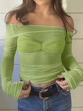 Mesh Long Sleeve Off Shoulder Top-Outfit