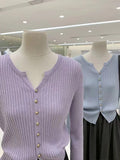 Gentle Style Sweater Spring And Autumn New Solid Color Gold Button V Neckline Sweater Cardigan Short Outer Coat-Outfit