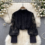Retro Style Advanced Bubble Sleeve Shirt Autumn Net Embroidery Design Light Extravagant Socialite Temperament Blouse-Outfit