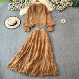 Fongt Autumn Lantern Sleeve Long-Sleeved Hollow Lace Splicing Shirt + A Word Half-Dress Dress Dress Woman