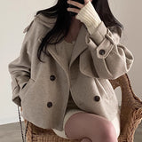 Fongt Chic Autumn And Winter French Vintage Suit Collar Double Breasted Pocket Small Loose Versatile Woolen Short Coat Woman-Outfit
