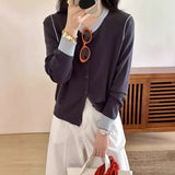 Fongt Round-Neck Knitted Cardigan Women Autumn Small Senior Design Sense Color Long-Sleeved Sweater Coat Top
