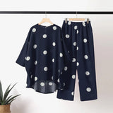Bohemian Summer Polka Dots Printed Holiday Matching Sets Long Sleeve O-Neck High Low Blouse Femme Fashion Casual