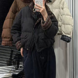 Grid Splicing Down Jacket Female Short 2024 New Retro Sweet And Thick White Duck Velvet Bread Coat-Outfit