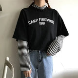 harajuku Stripe Patchwork TShirt Half Turtleneck T-Shirts autumn Long Sleeve Tops tee Shirt Women Fashion Causal