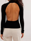 Women Long Sleeve T-Shirts Solid Color High Neck Backless Spring Fall Casual Slim Fit Tees Shirts Top Streetwear 2023-Outfit