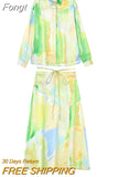 Tie-dyed Print Casual Dress Shirt Sets Women Two Pieces Boho Long Sleeve Bowknot Long Dress Suits 2023 Spring