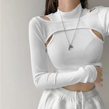 Fongt And Autumn Women's Wear Carefully Machine Hollow Open Shoulder Bottom Shirt Slim Fake Two Short
