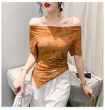 Printed Mesh Tee Shirt Female Slash Neck Short Sleeve Irregular T Shirts Women Summer T-shirt Top-Outfit