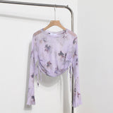 Solid Shot Tie Dyed Mesh Yarn Small Lequine Horn Long Sleeve Thin T-Shirt Drawstring With Short Repair Body Coat