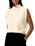 Fongt New Women's Solid Color Half High Neck Sleeveless Vest Fashion Simple Knit Loose-Outfit