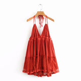 The Summer Of 2024, The New Style Baitai Thin Laminated Net Yarn Spliced V-Collar Halter Skirt With Large Bare Back-Outfit