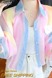 Summer Women Sunscreen Clothes Rainbow Shirt Thin Loose Lady Chiffon Blouses Lace-up Long-sleeve Elegant Tops Short