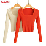 Women 2020 Fashion Elegant Square Collar Knitted Sweater jumper Slim Pullovers Chic Tops