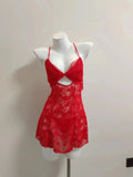 Fongt Pajamas Woman 2025 New Seduction Red Lace Hollow Big Bow Bow Small Breast Slings Sleeping Skirt