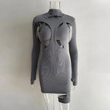 2021 Fall New Style Rib Black Dresses Women Sexy Cut Out Bodycon Soft Mini Vestidos Lady Elegant Long Sleeve