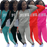 Casual Tracksuits Women Solid Two Piece Set Women Plus Size Pink Letter Embroidery Zipper Hoody Coat + Pants Sets