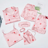 Spring 7 Pieces Set Silk Elegant Women Pajamas stripe Shorts Long Sleeve Tops Elastic Waist Pants Full Lounge