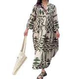 Fongt Large-Size Women's New Temperament Printed Shirt Dress Bohemian Dress