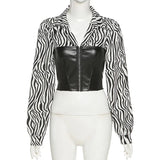 Zebra Print Blouses Leather Patchwork Single Breasted Long Sleeve Shirt Lady Fashion Party Club Outfits Casual Crop