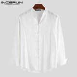 Men Casual Shirt Solid Retro Button Stand Collar Tops Cotton Linen Long Sleeve Chinese Traditional Shirts Men